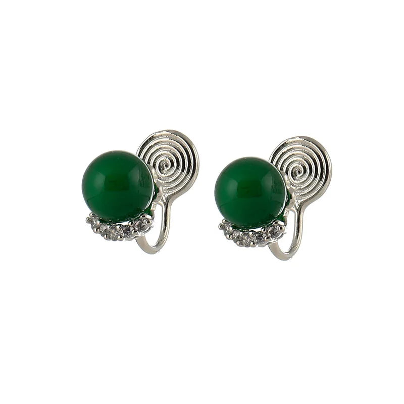 Vintage Chinese Style Green Agate Round Bead Rhinestone Spiral Stud & Clip On No Piercing Earrings