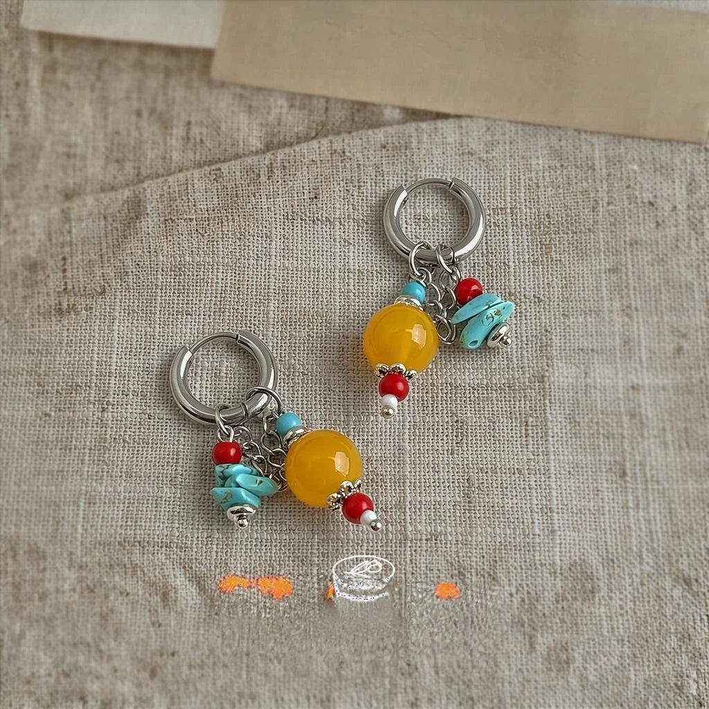 2026 New Chinese Style Geometric Colorful Beaded Copper Natural Stone Synthetic Turquoise Tassel Drop Earrings