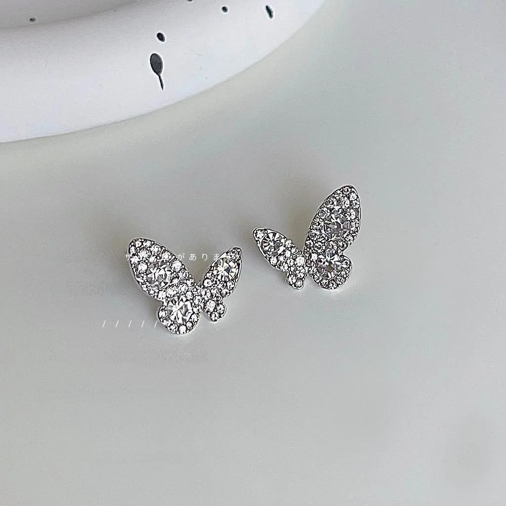 Sparkling Butterfly Glass Rhinestone Copper Stud Earrings Silver Plated Fresh Sweet Jewelry