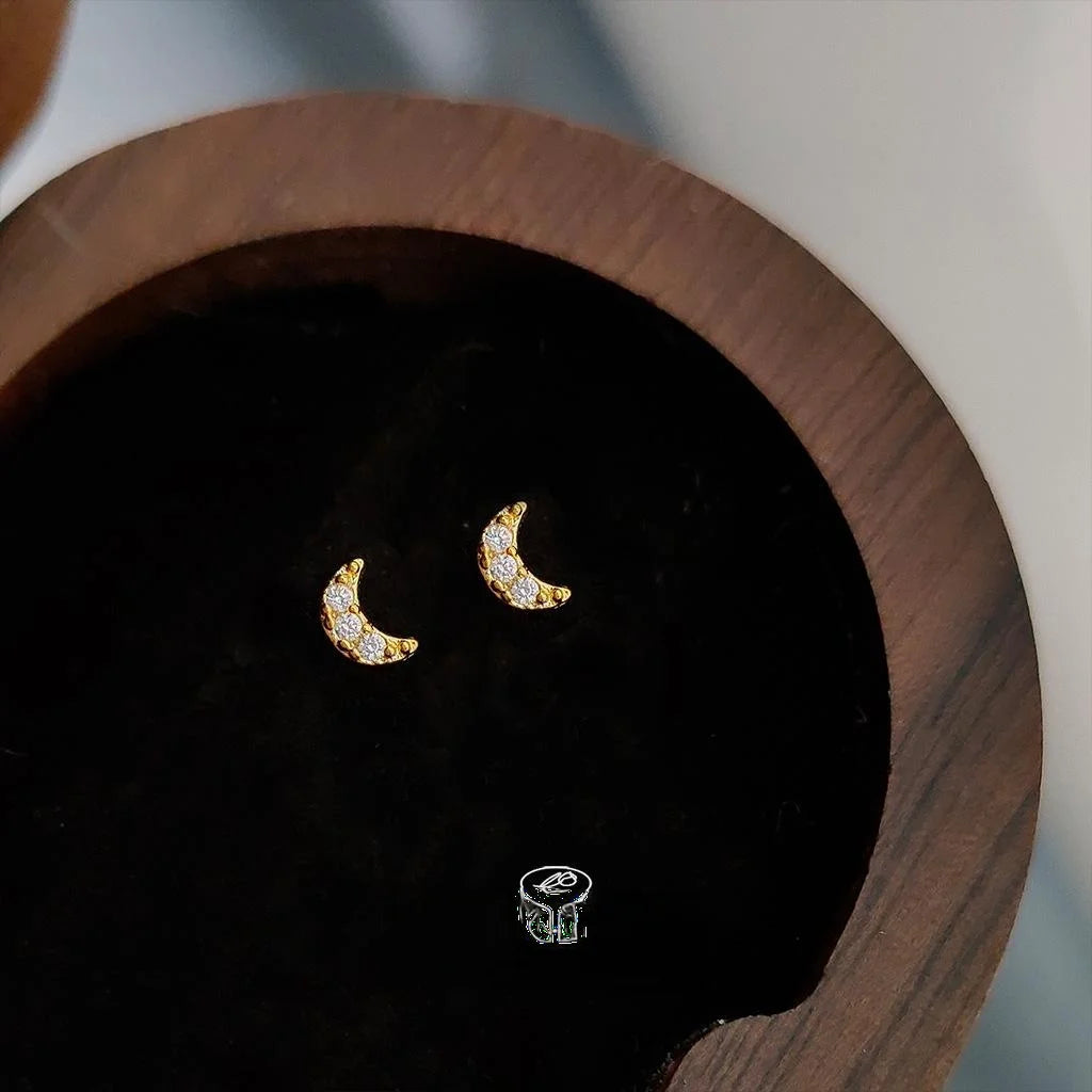 Minimalist Copper Crescent Moon Stud Earrings With Micro Pave Zircon, Versatile Geometric Jewelry