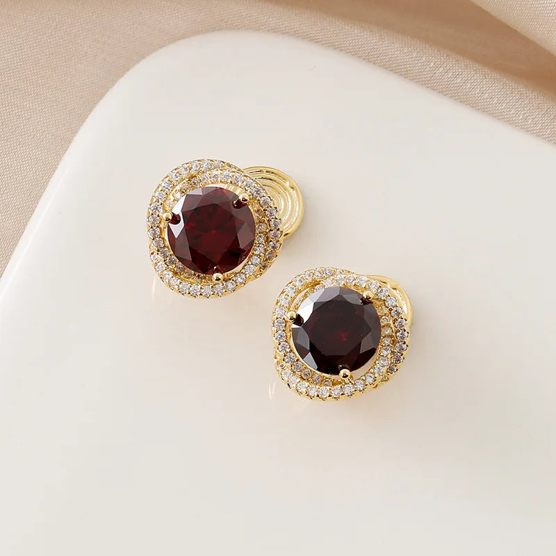 Elegant Round Deep Red Zircon Halo Stud & Clip On No Piercing Gold Alloy Luxury Party Earrings
