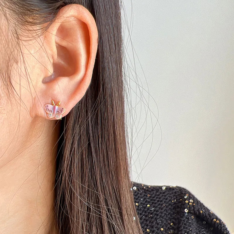 Sweet Pink Enamel Butterfly Rhinestone Spiral Disc Stud & Clip On No Piercing Earrings