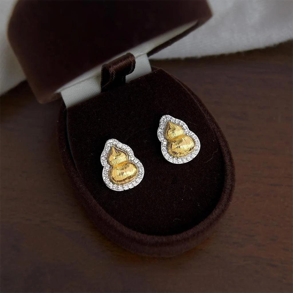 Two Tone Micro Pave Zircon Gourd Stud Earrings, Silver Plated Copper Light Luxury Jewelry