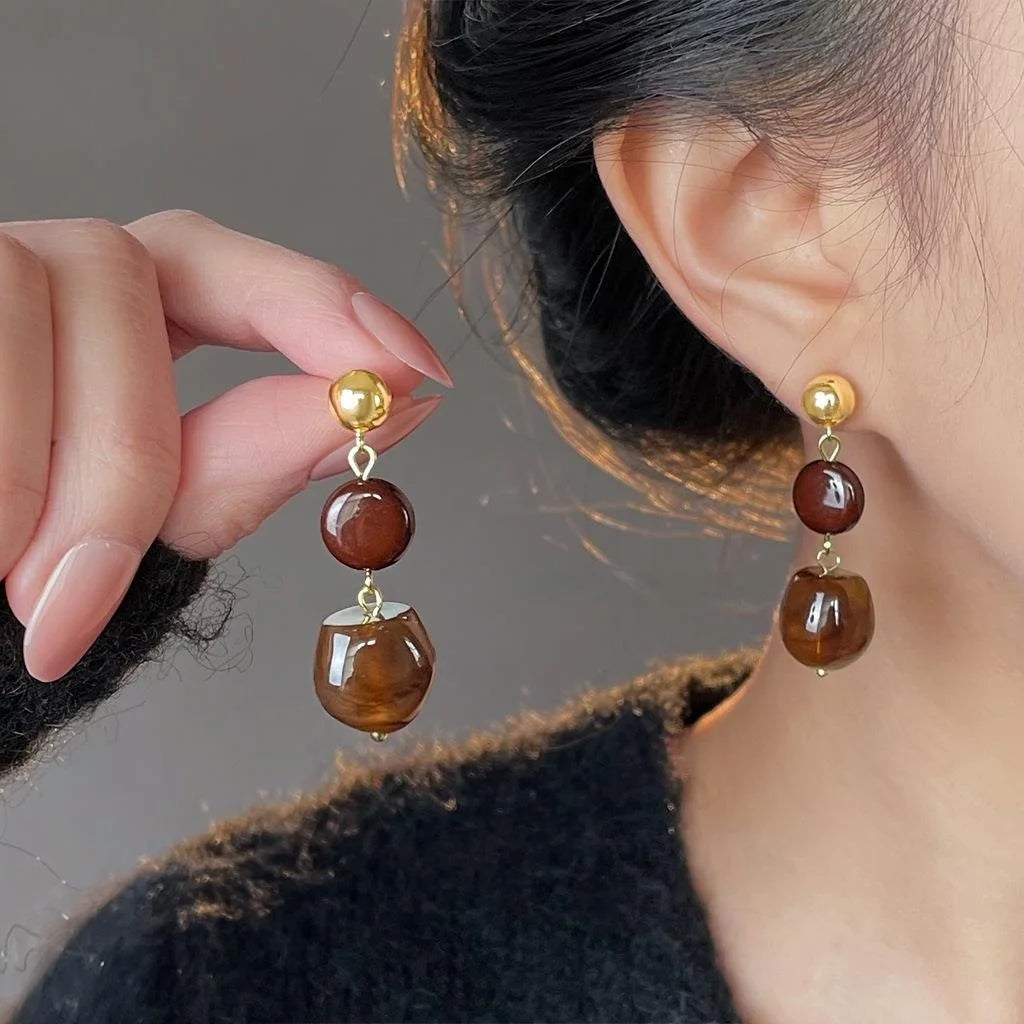 Vintage Maillard Copper Resin Irregular Geometric Tassel Drop Earrings With 14K Plated