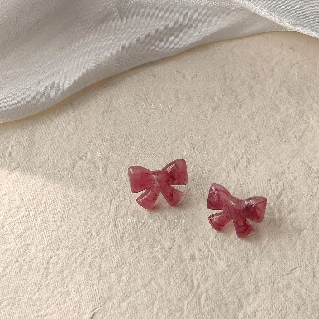 Fresh Sweet Resin Bow Stud Earrings With Silver Plated Pins Korean Japanese Cute Jewelry