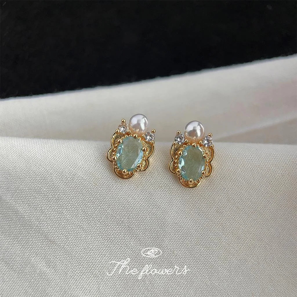 14K Gold Plated Copper Aquamarine Pearl Zircon Irregular French Vintage Stud Earrings