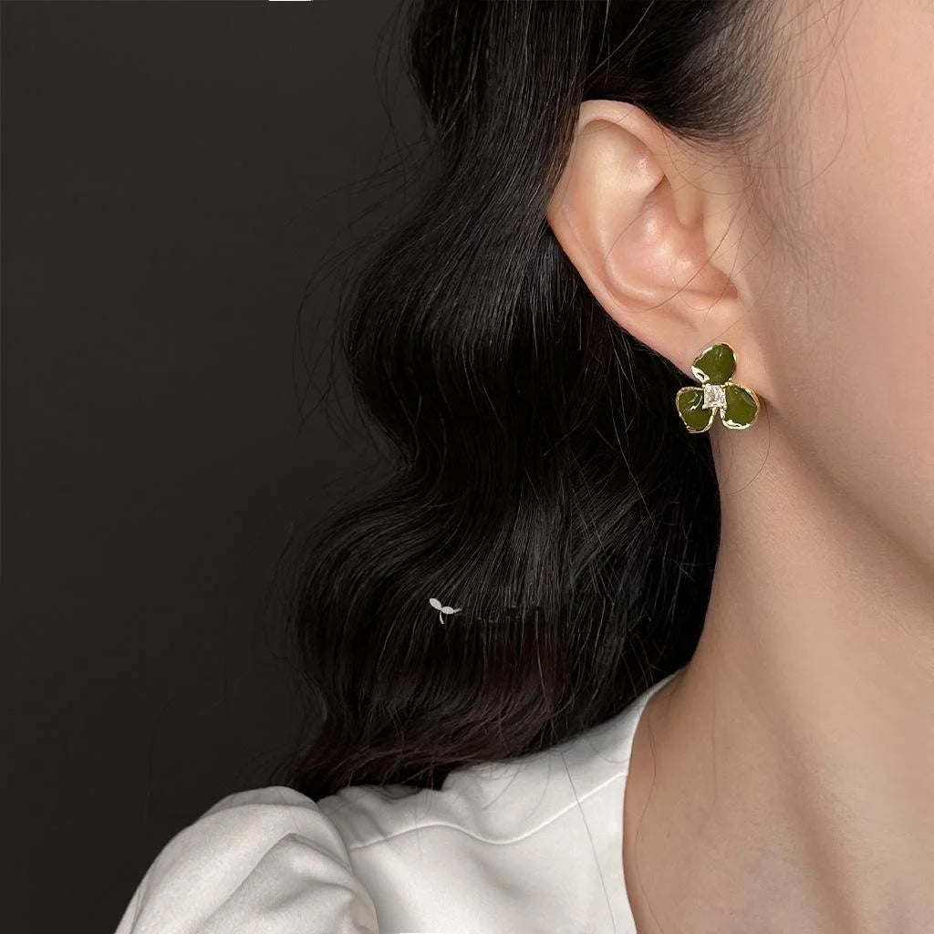 Forest Style Olive Green Zircon Flower Geometric Copper Drop Earrings For Women