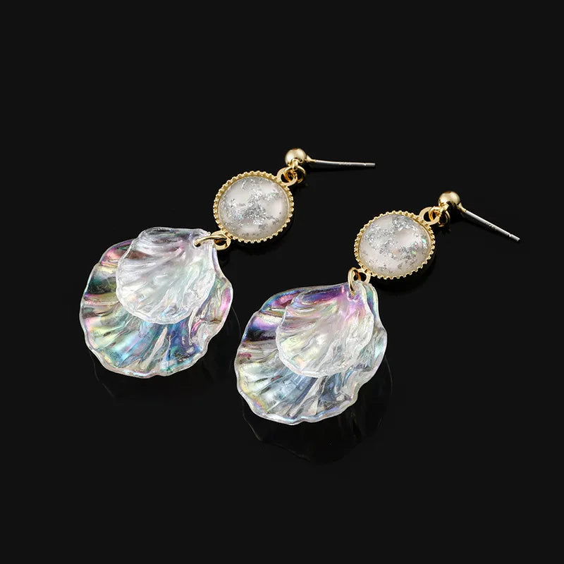 Elegant Iridescent Acrylic Shell Petal Rhinestone Stud & Clip On No Piercing Drop Earrings