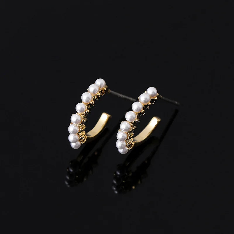 Elegant Gold Alloy Spiral Disc Hoop Pearl Stud & Clip On No Piercing Minimalist Ear Cuff Earrings
