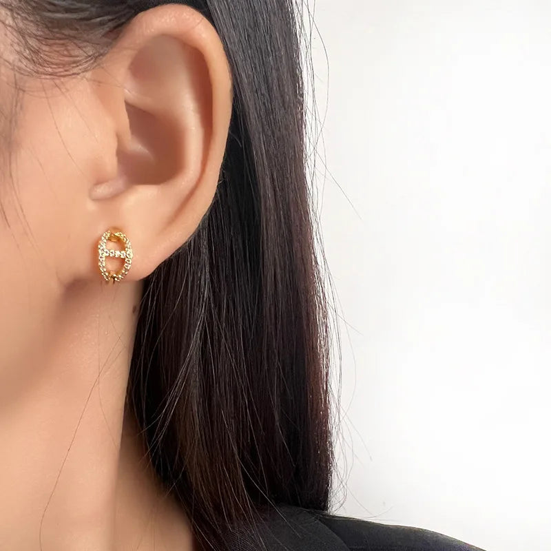 Elegant Geometric Round Hoop Zircon Alloy Stud & Clip On No Piercing Commuter Versatile Earrings