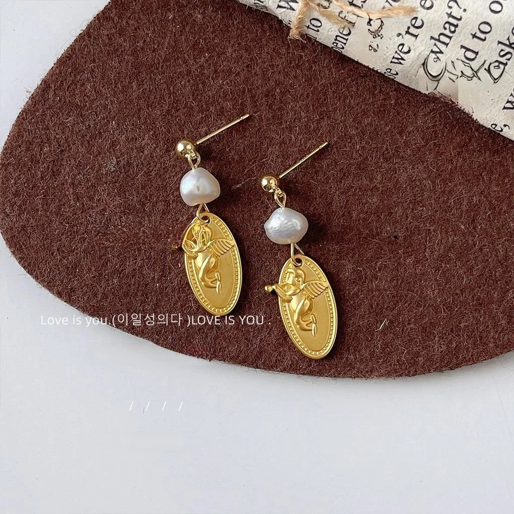 Vintage Oval Baroque Freshwater Pearl Stud Earrings 14K Plated Matte Copper
