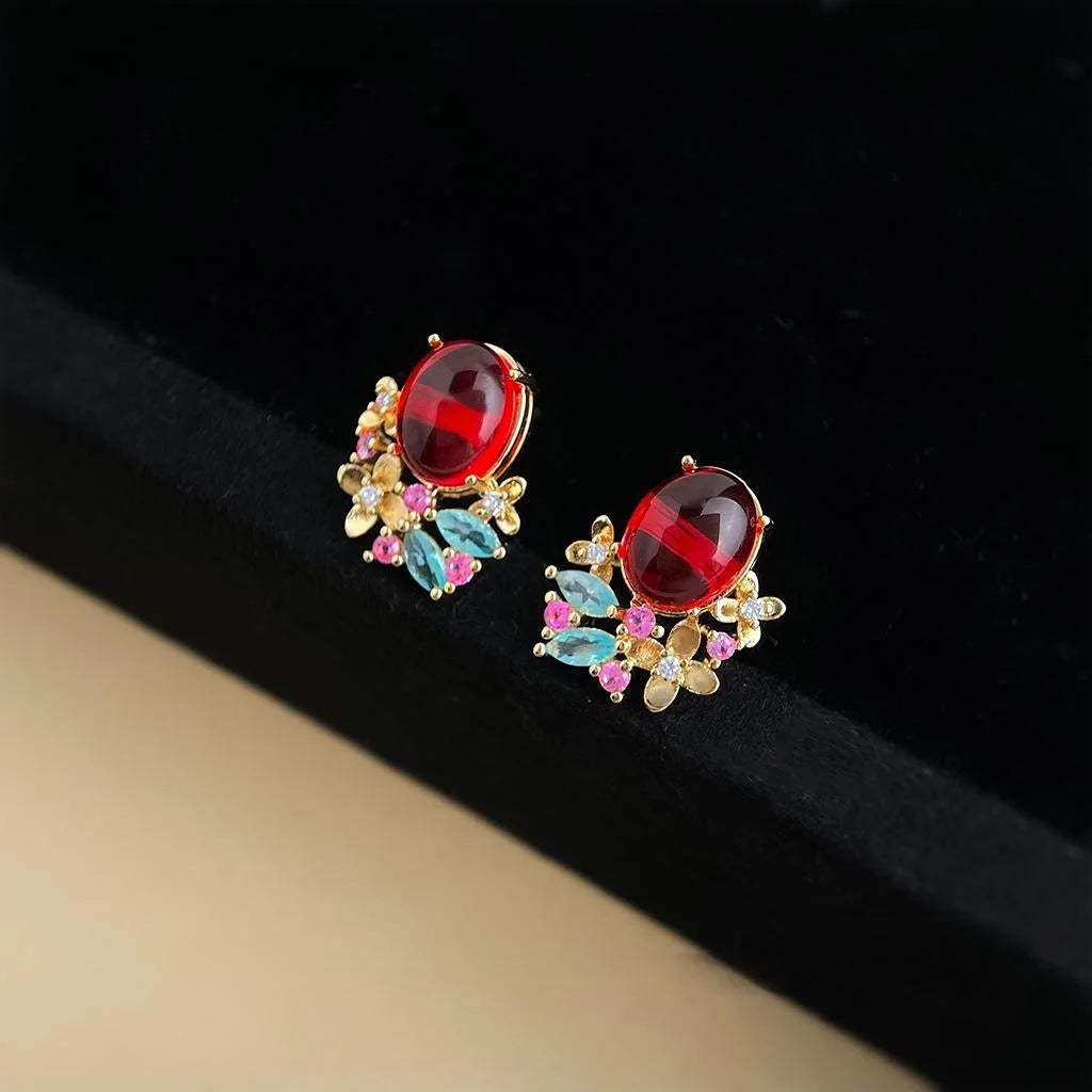 Vintage Ethnic Burgundy Geometric Stud Earrings Copper Zircon Glaze Floral Leaf Jewelry