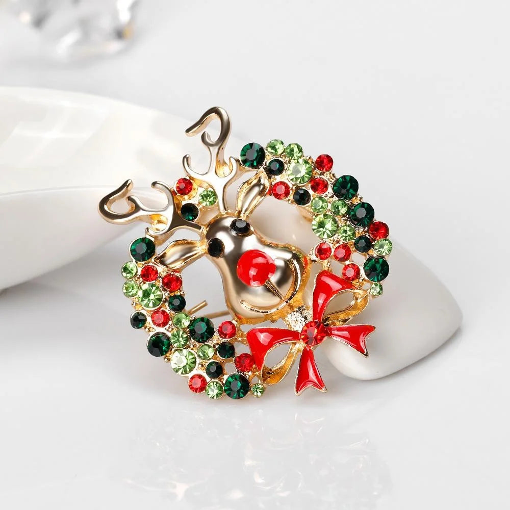 Cute Christmas Reindeer Wreath Alloy Enamel Rhinestone Brooch Luxury Lapel Pin Corsage Gift For Women