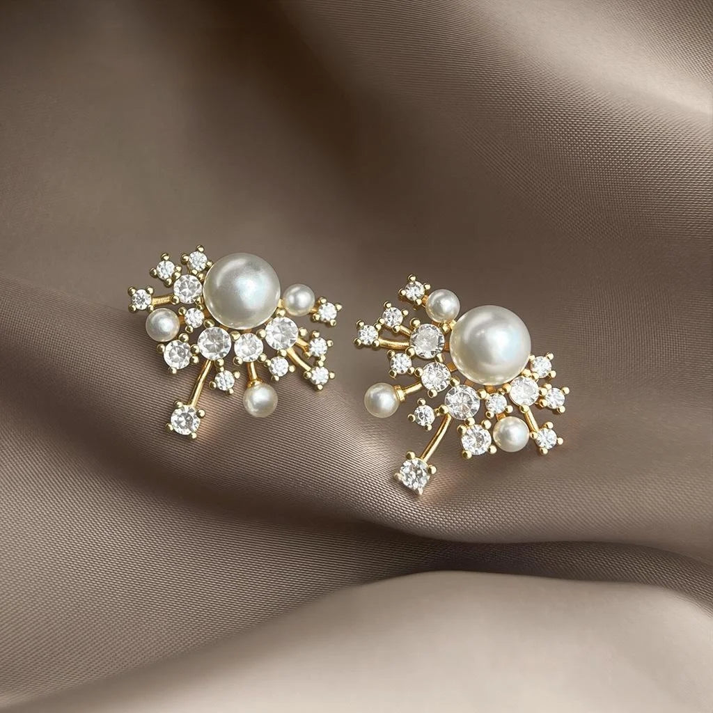 Premium Micro Pave Zircon Pearl Star Firework Stud Earrings With Silver Plated Pins