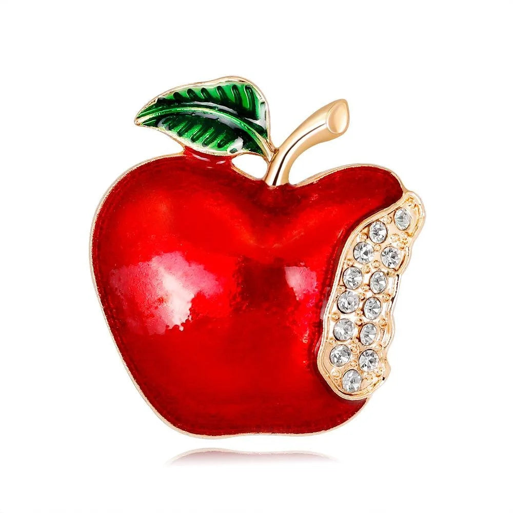 Cute Red Enamel Apple Brooch With Rhinestone Bite, Gold Alloy Christmas Lapel Pin Corsage Gift