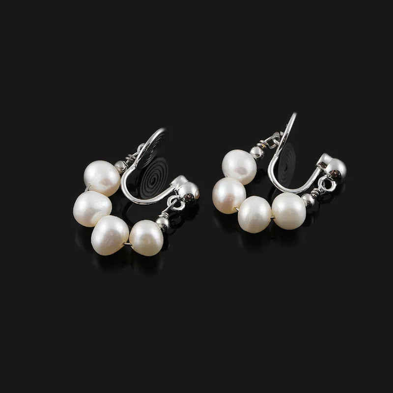 Elegant French Spiral Freshwater Pearl Hoop Stud & Clip On No Piercing Handmade Silver Tone Earrings