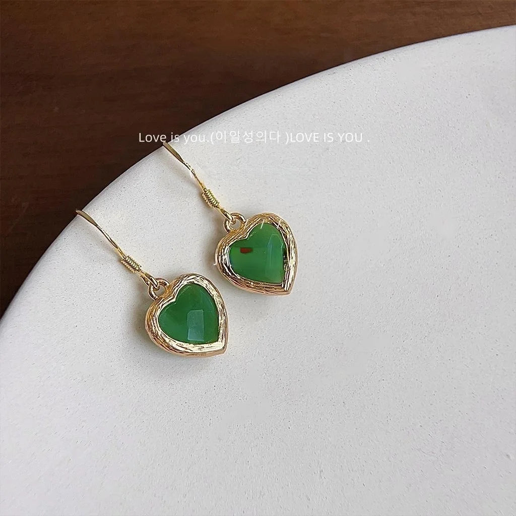 Vintage Green Glass Crystal Heart Drop Earrings Copper French Elegant Retro Jewelry