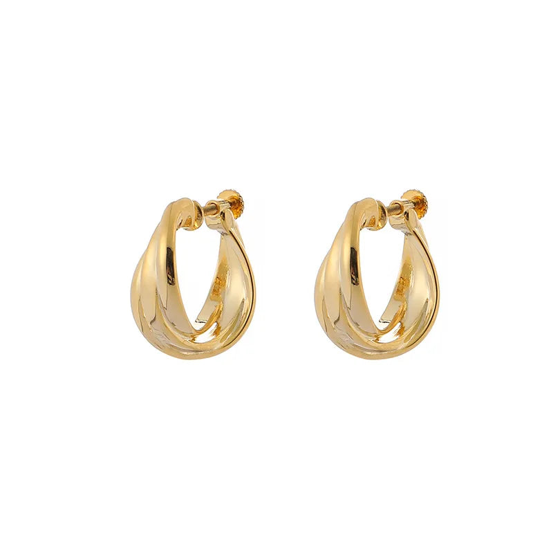 Elegant Gold Alloy C-Shaped Hoop Screw Stud & Clip On No Piercing Minimalist Metal Circle Earrings