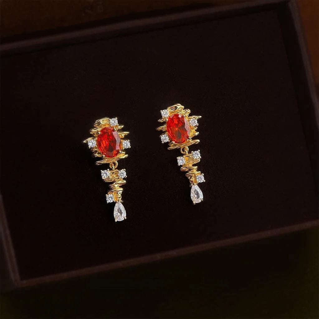 Vintage Ethnic Copper Orange Red Zircon Crown Tassel Chain Drop Earrings