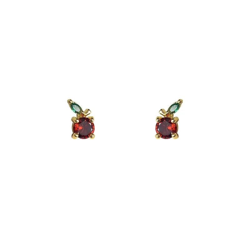 Cute Mini Apple Stud Earrings Copper Micro Pave Zircon Fruit Design For Daily Wear