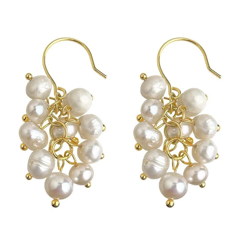 Irregular Freshwater Pearl Grape Cluster Tassel Drop Earrings Light Luxury Handmade Jewelry