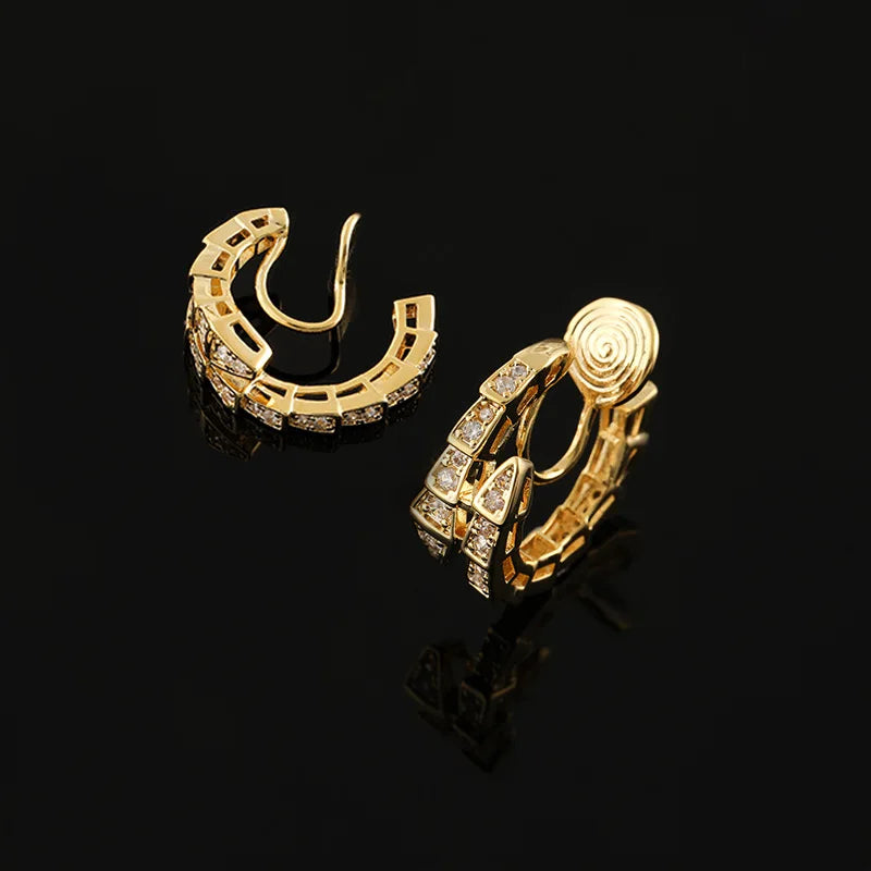 Light Luxury Snake Shape Zircon Hoop Stud & Clip On No Piercing Spiral Ear Cuff For Women Earrings