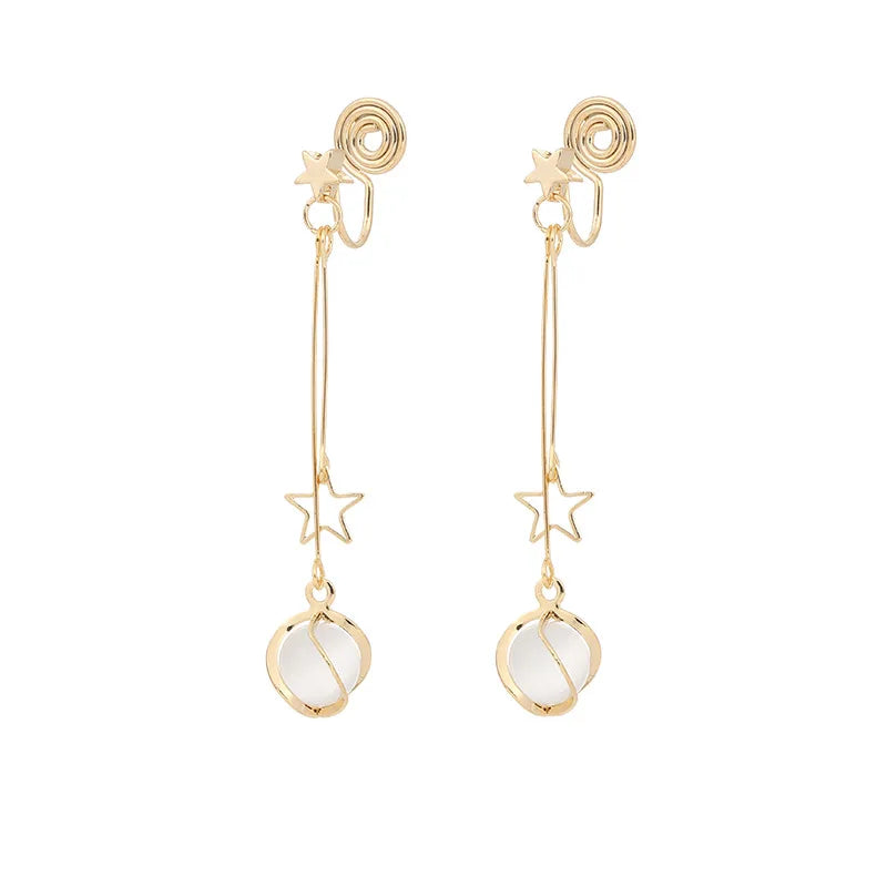Elegant Gold Alloy Spiral Star Cat Eye Stone Long Drop Stud & Clip On No Piercing Earrings