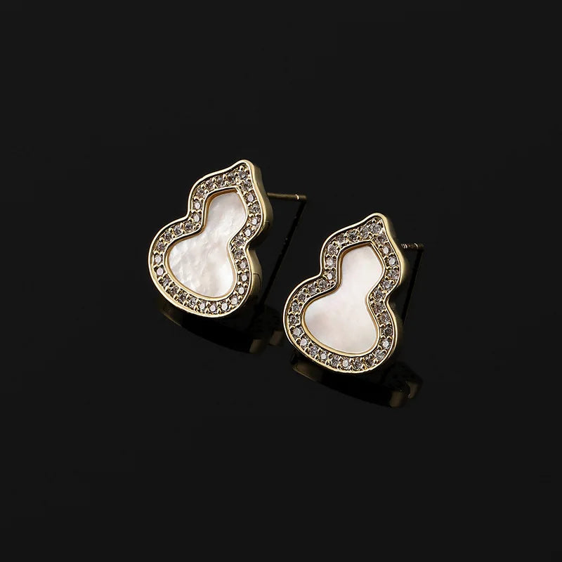 Elegant New Chinese Style Mother Of Pearl Gourd Rhinestone Alloy Stud & Clip On No Piercing Earrings