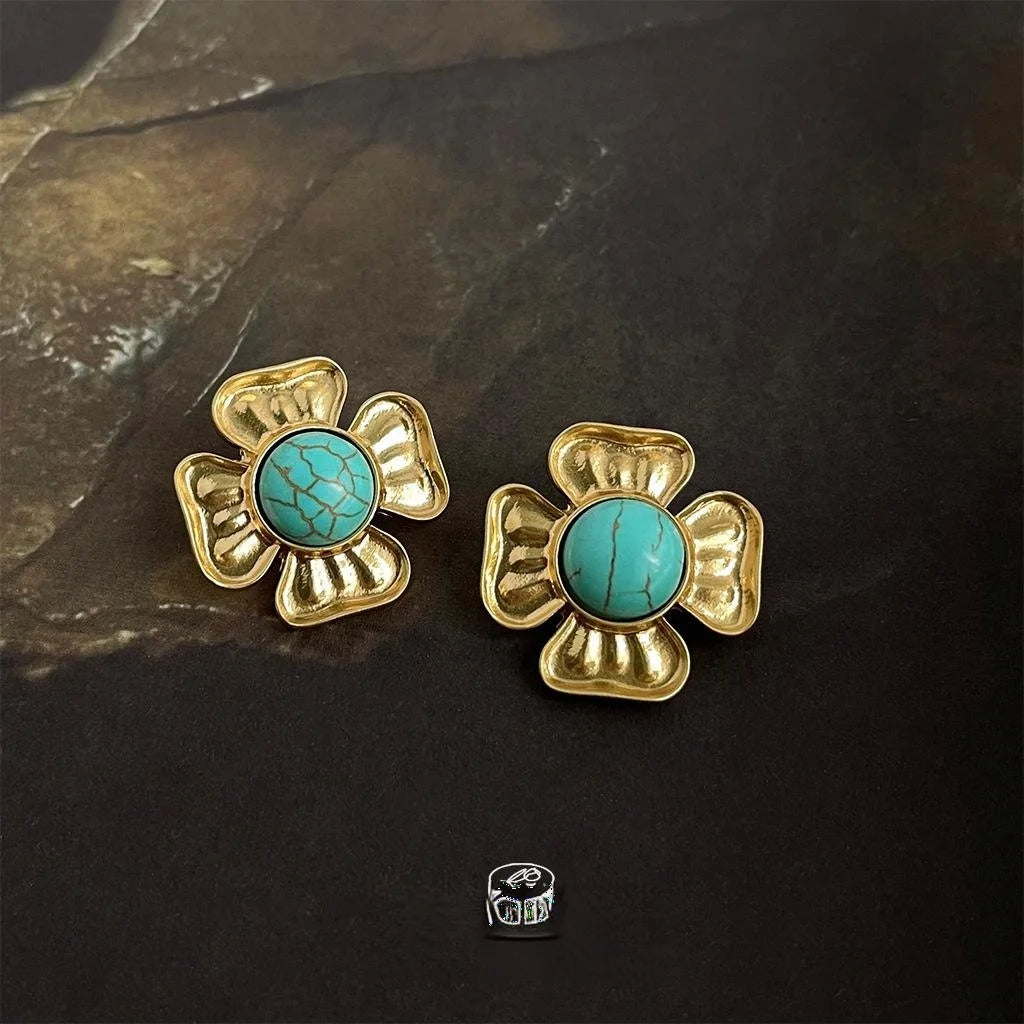 Vintage Floral Drop Earrings With Copper And Synthetic Turquoise, French Statement Luxury Jewelry