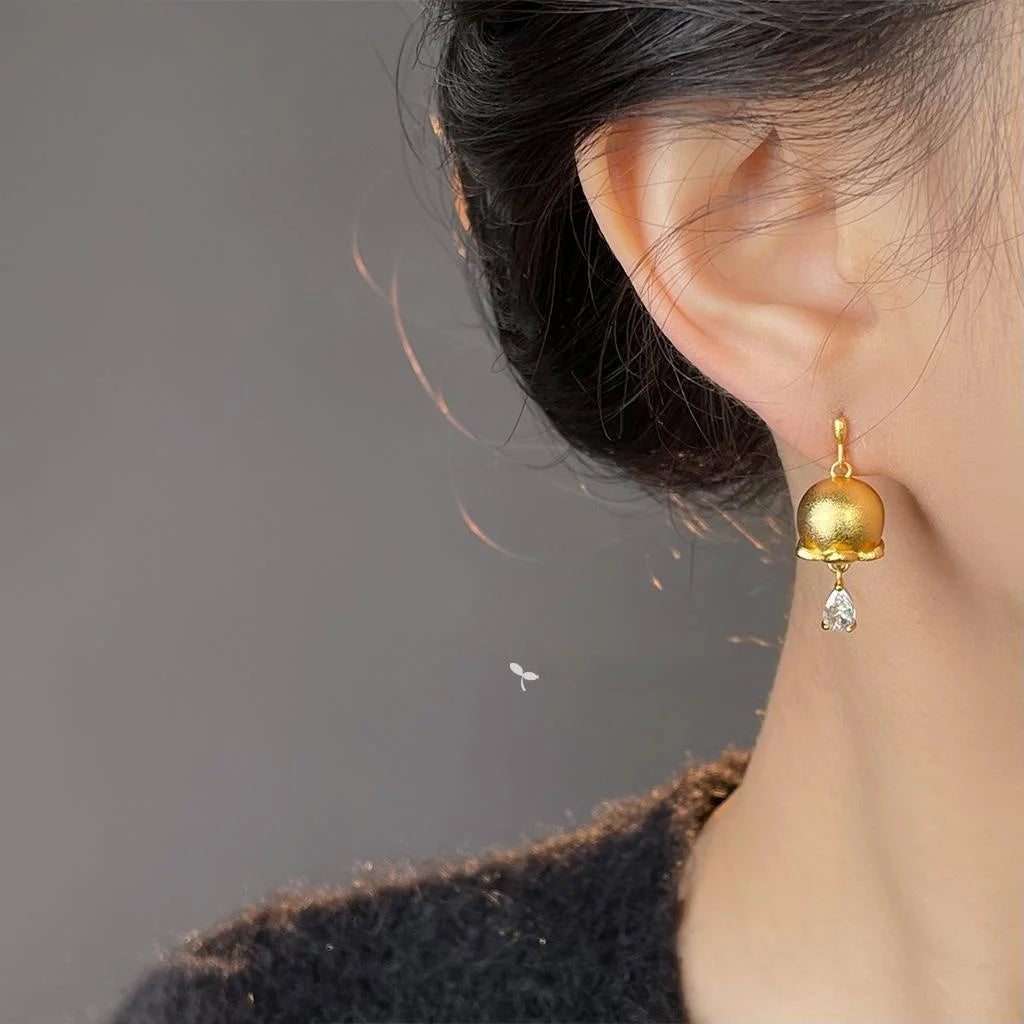 French Vintage Lily Of The Valley Teardrop Zircon Drop Earrings, Sandblasted Floral Luxury