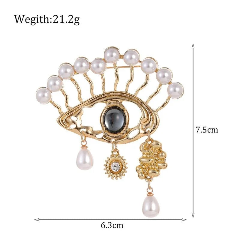 Luxury Evil Eye Pearl Rhinestone Tassel Brooch, Gold Alloy Statement Lapel Pin Suit Accessory Gift