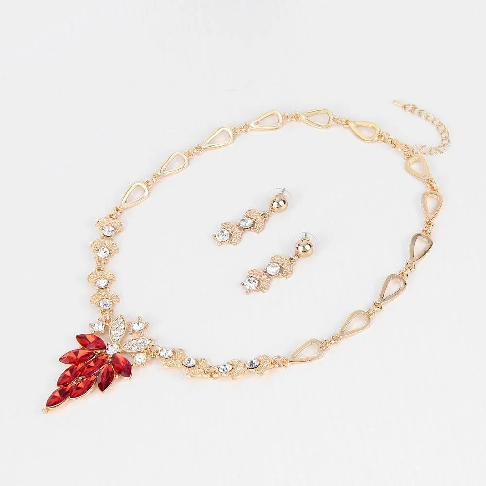 Luxury Red Crystal Rhinestone Leaf Flower Alloy Jewelry Set For Women Wedding Party Banquet Gift