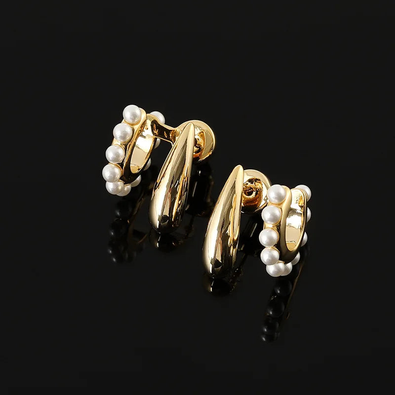 Elegant Gold Alloy Teardrop Double Layer Pearl Hoop Stud & Clip On No Piercing Women's Earrings