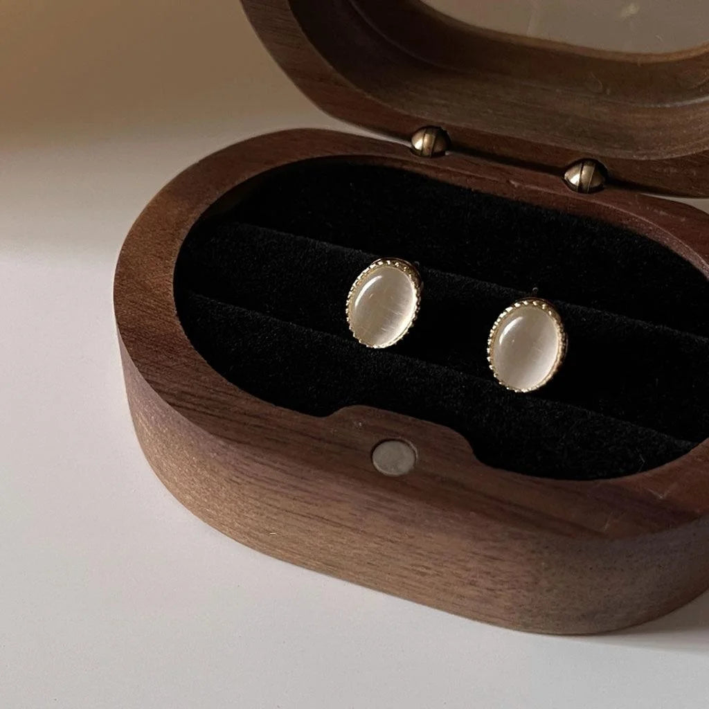 Mini Oval Glass Cat Eye Stone Stud Earrings 14K Plated Copper Simple Daily Jewelry