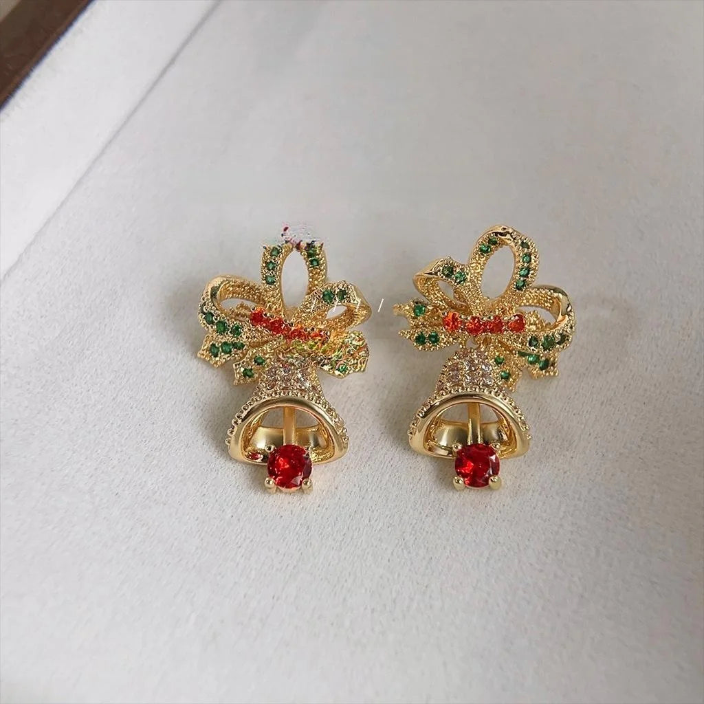 14K Gold Plated Copper Micro Pave Zircon Bow Christmas Bell Drop Earrings
