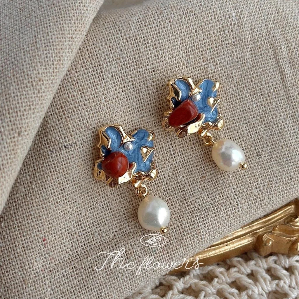 Vintage Baroque Freshwater Pearl Natural Stone Irregular Geometric Drop Earrings
