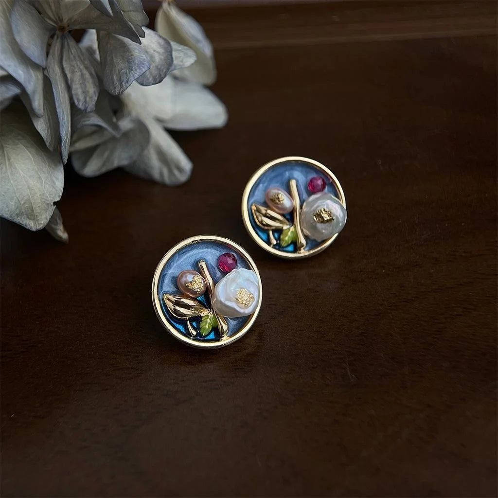 Vintage Baroque Freshwater Pearl Floral Geometric Silver Plated Stud Earrings with Oil Painting Design