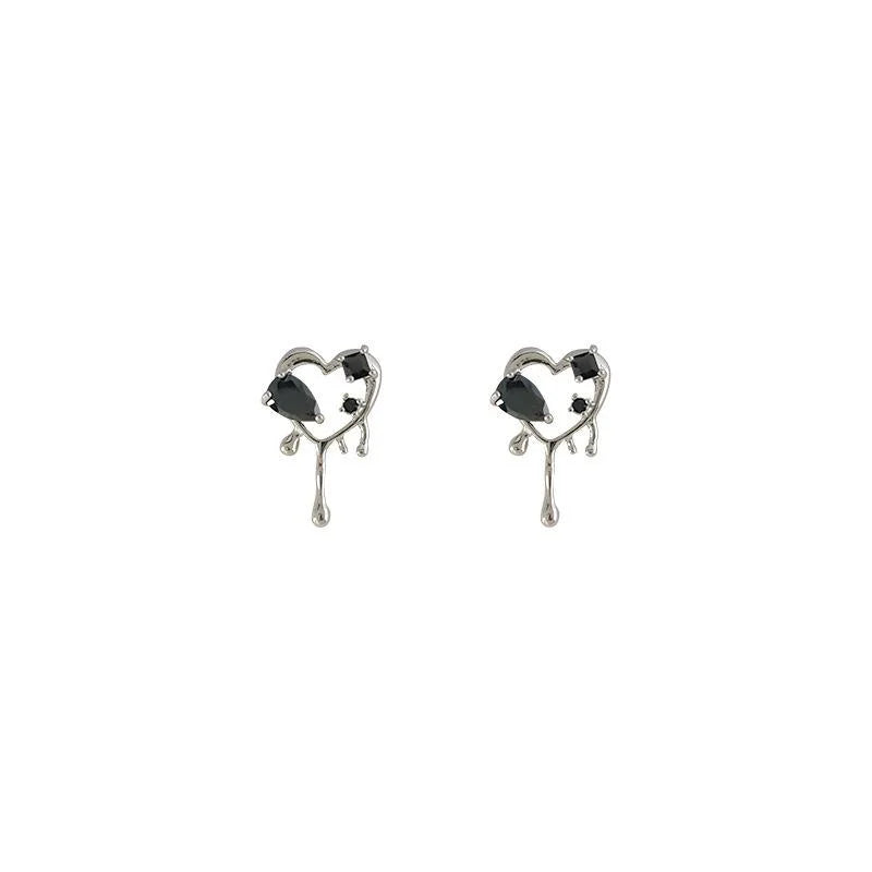 Sweet Cool Dark Lava Heart Stud Earrings Copper Micro Pave Zircon Black Liquid Style Jewelry