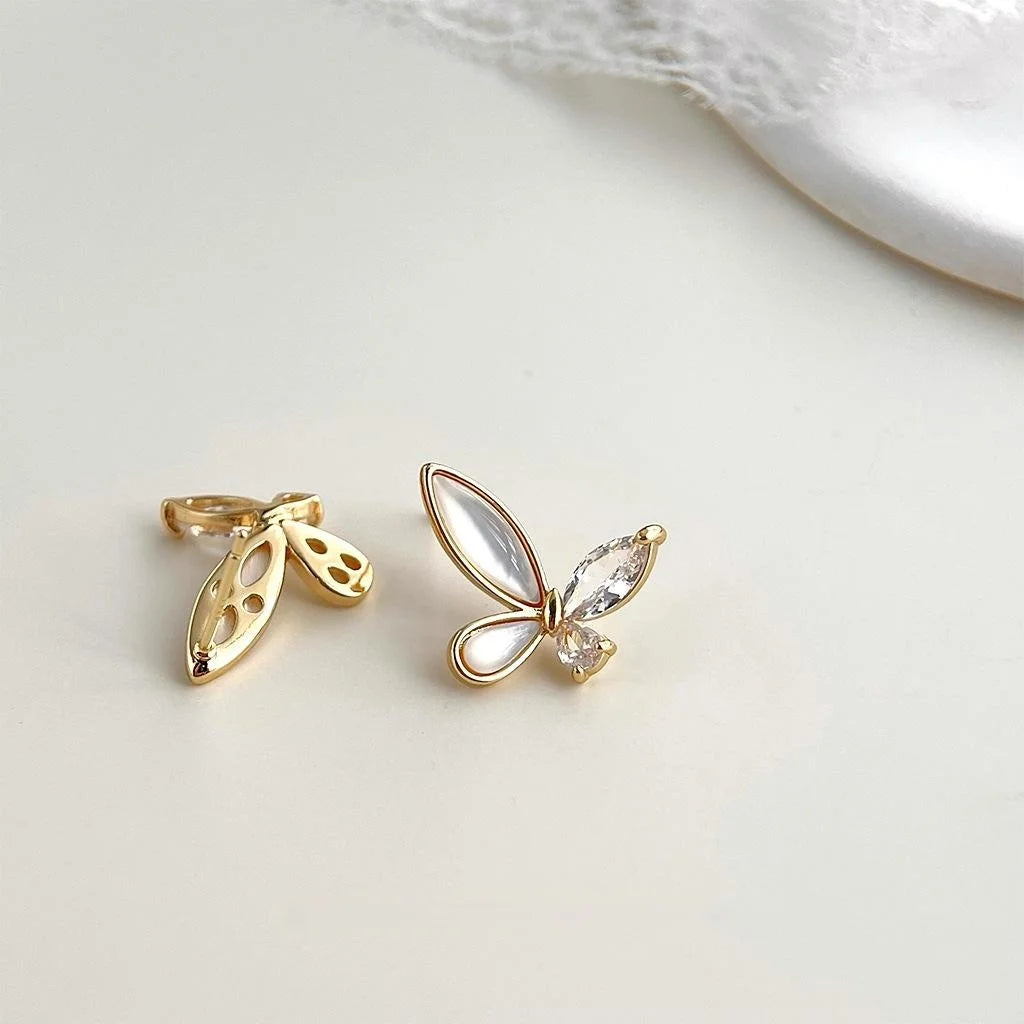 French Romantic Butterfly Stud Earrings With Real Shell Inlay Zircon Irregular Flower Luxury Style