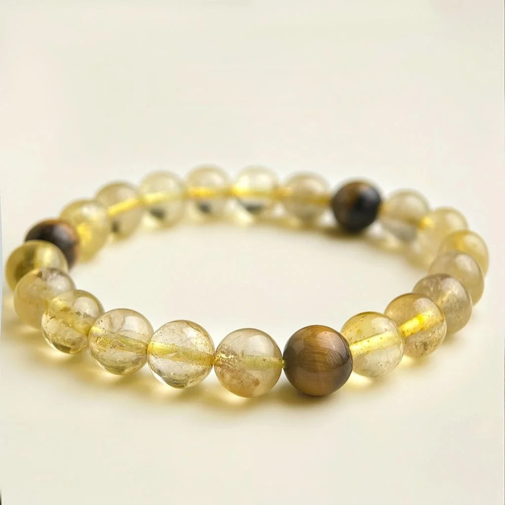 Natural Tiger Eye And Citrine Crystal Bracelet, Geometric Round Bead Chinese Style Jewelry