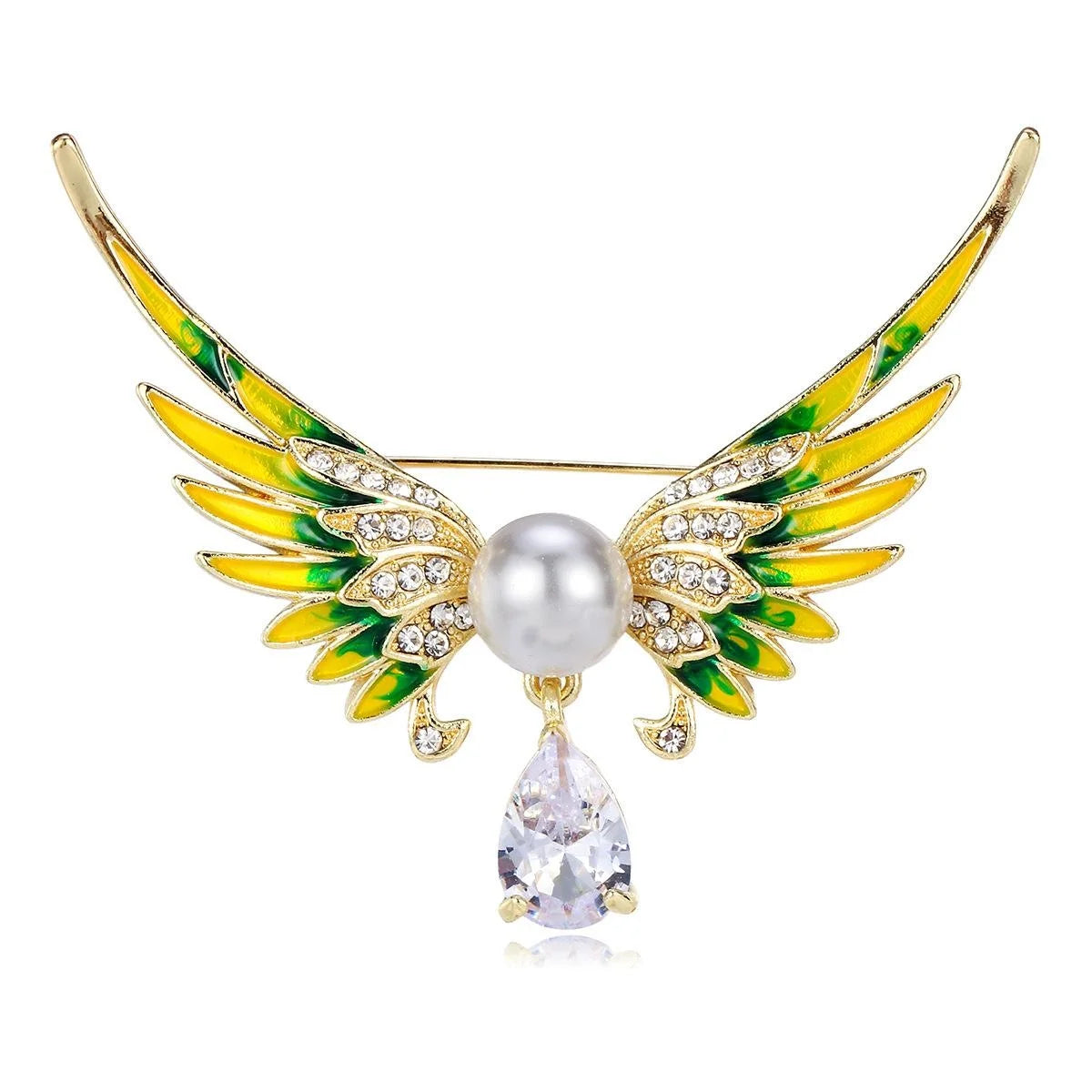 Elegant Enamel Angel Wings Brooch With Rhinestones Pearl And Crystal Drop, Women's Lapel Pin Gift