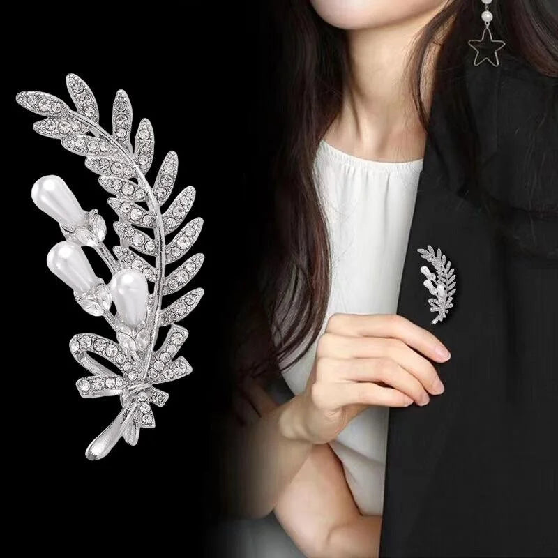 Elegant Wheat Leaf Brooch With Faux Pearl And Rhinestone Accents, Silver Alloy Lapel Pin Corsage Gift