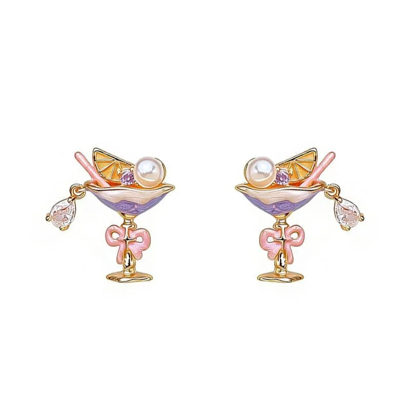Sweet Style Wine Glass Stud Earrings Copper Zircon Micro Pave Pearl Painted Geometric Jewelry