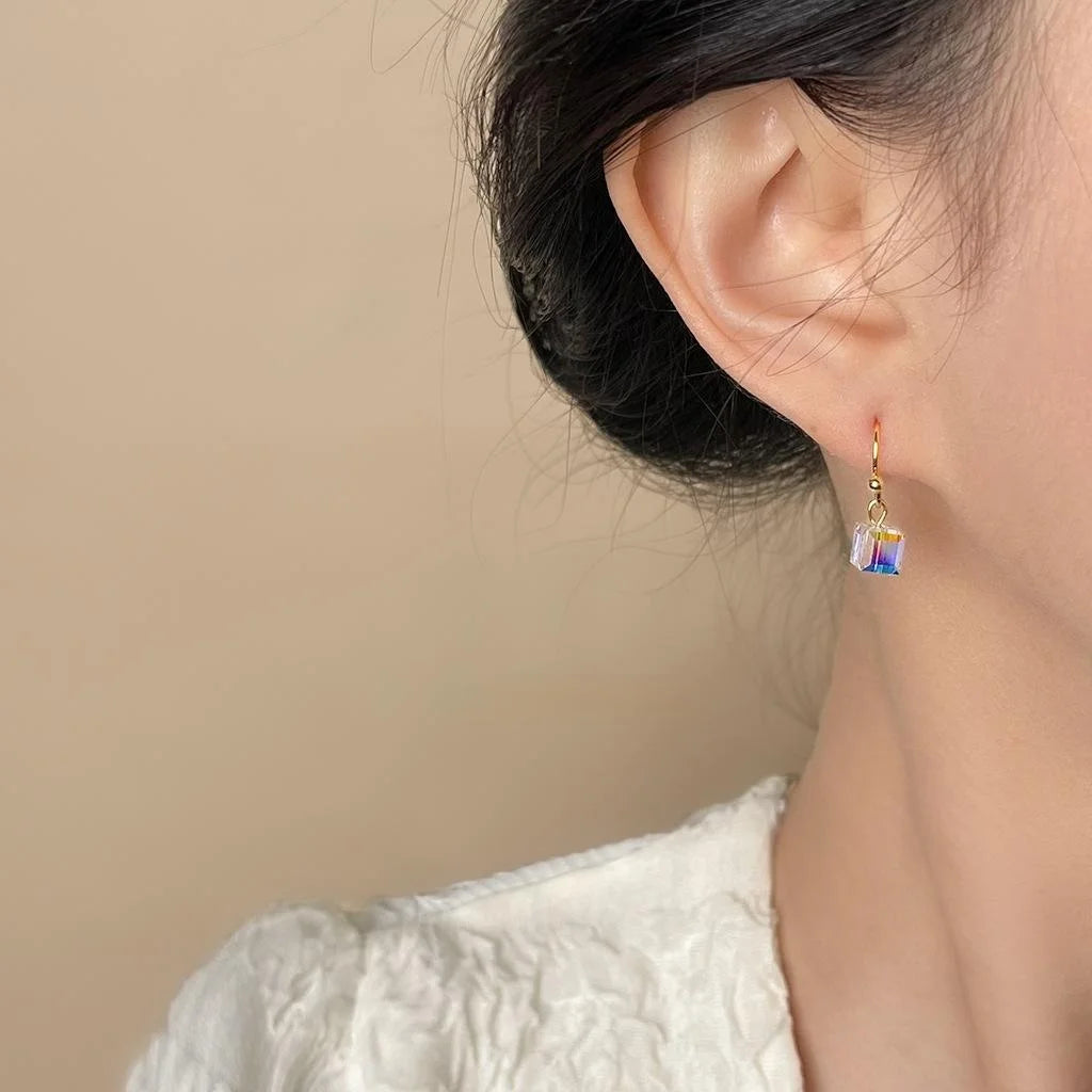 Sparkling Glass Crystal Geometric Square Drop Earrings, Minimalist Luxury Statement Jewelry