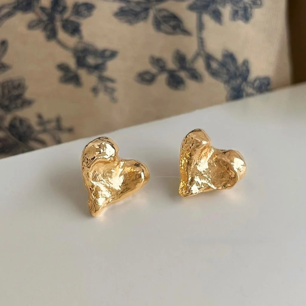14K Plated Alloy Irregular Heart Stud Earrings Minimalist Matte Textured Jewelry