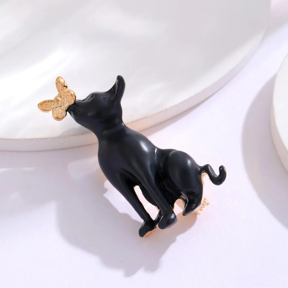 Cute Black Cat With Gold Butterfly Enamel Alloy Brooch, Animal Lapel Pin Corsage Gift For Women