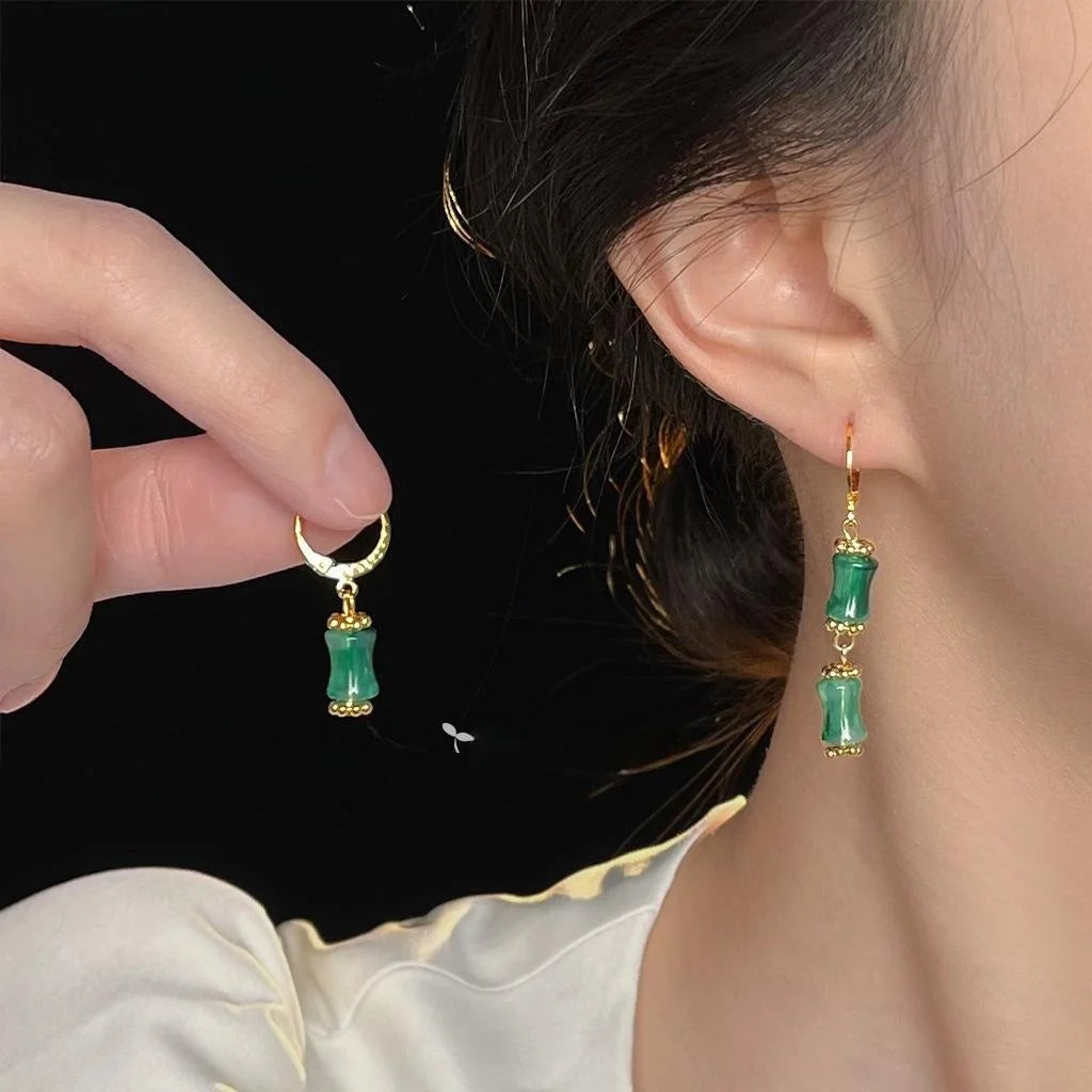 New Chinese Style Green Bamboo Segment Copper Asymmetric Drop Earrings Handmade Geometric Ear Jewelry