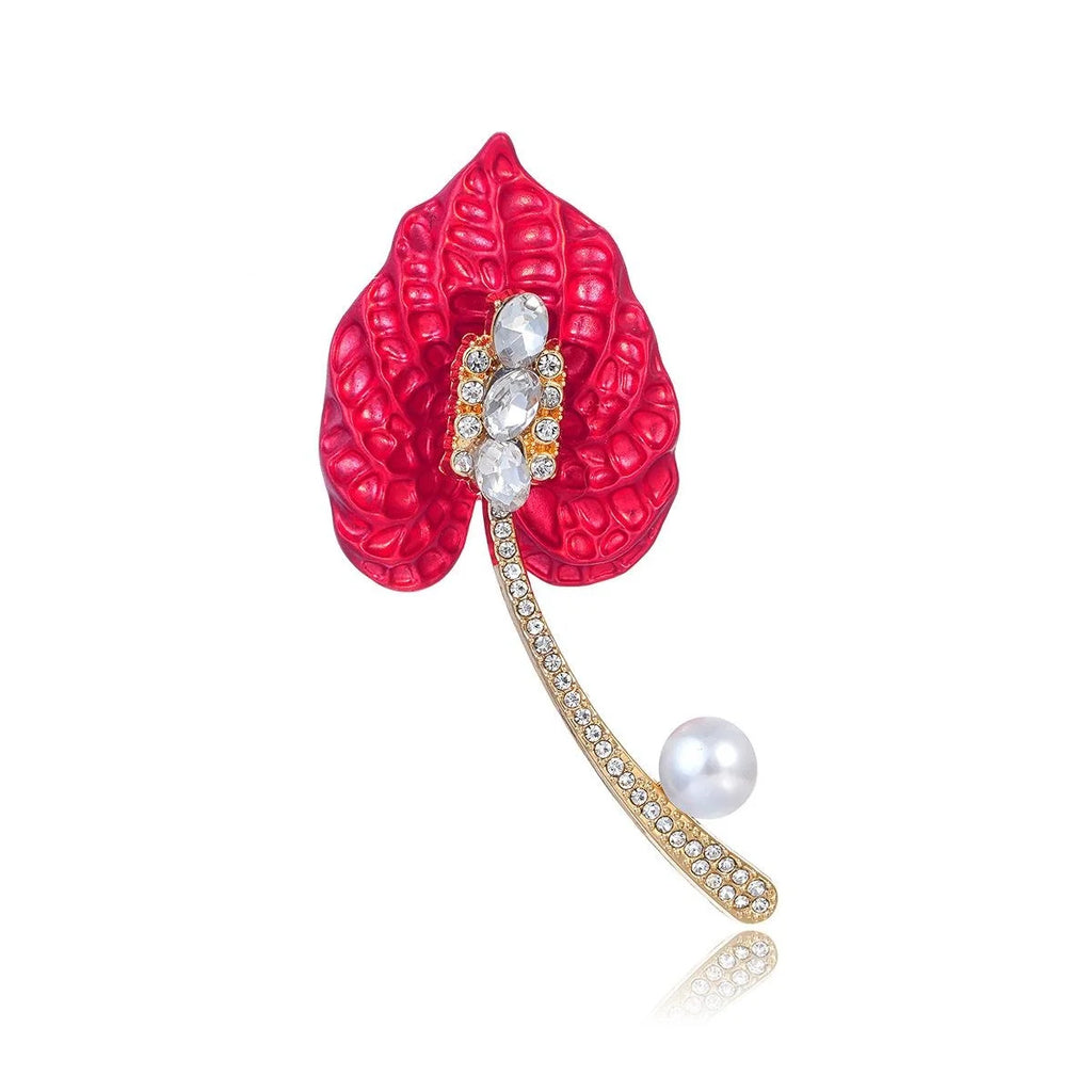 Luxury Red Calla Lily Brooch With Rhinestone Pearl Alloy Stem, Elegant Flower Lapel Pin Suit Accessory