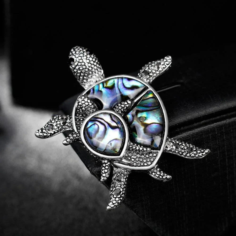 Vintage Turtle Mother Of Pearl Shell Rhinestone Alloy Brooch For Women, Elegant Lapel Pin Suit Gift