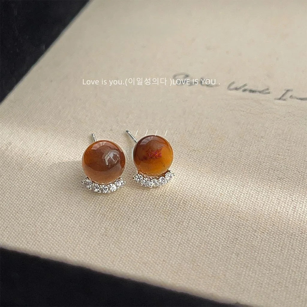 Maillard Style Tiger Eye Stone Stud Earrings With Zircon Micro Pave Round Geometric French Jewelry